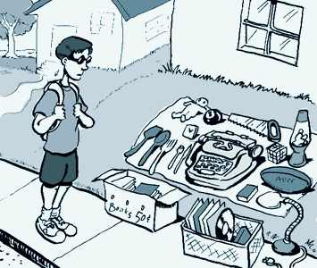 page 127: Peter stops at a yard sale spread over a lawn — cutlery, a lava lamp, a Rubik’s cube, records and an old typewriter. A carton is marked “Books 50¢” and a flying disc reads “Nerf”
