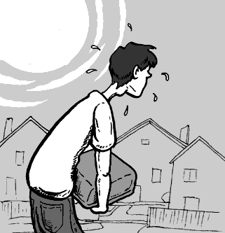 page 130: Peter lugs the heavy typewriter home under a blazing sun, sweating. No text in the image