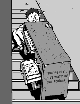 page 131: Peter hauls a battered steel desk up a staircase. Stencilled on its side: “PROPERTY UNIVERSITY OF CALIFORNIA”