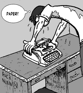 page 132: Peter, dripping sweat, sets the typewriter down on the desk. Thought balloon: “PAPER?”; graffiti carved into the desk reads “FUCK NIXON” and “DISCO SUCKS”