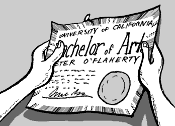 page 133: two hands hold up his diploma — “UNIVERSITY OF CALIFORNIA, Bachelor of Arts, PETER O’FLAHERTY” with a seal and signature