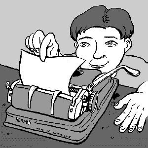 page 134: Peter feeds the diploma into the typewriter, smiling. The machine is lettered “HERMES” and “MADE IN SWITZERLAND”