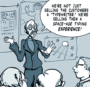 page 137: a 1950s-style marketing presentation — a woman in a suit gestures at design boards before seated executives. Balloon: “WE’RE NOT JUST SELLING THE CUSTOMERS A ‘TYPEWRITER.’ WE’RE SELLING THEM A SPACE-AGE TYPING EXPERIENCE!”; one board is labeled “UNIVAC”