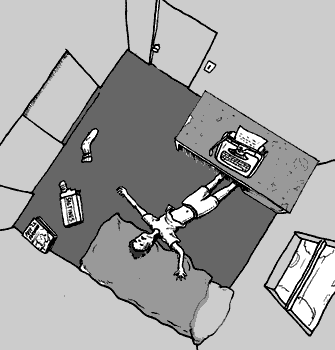 page 139: overhead view of Peter lying spread-eagled on the floor of his room beside the desk and typewriter. No text in the image