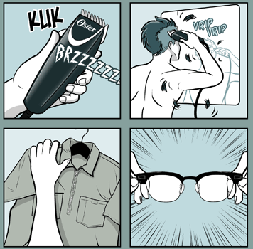 page 141: four panels of Peter remaking himself — clippers in hand, shaving his head, buttoning a work shirt, and a pair of horn-rimmed glasses. Sound effects: “KLIK,” “BRZZZZZZZ,” “VRIP VRIP”