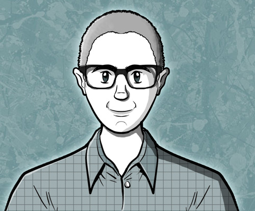 page 142: portrait of the made-over Peter — cropped hair, heavy horn-rimmed glasses, checked work shirt. No text in the image