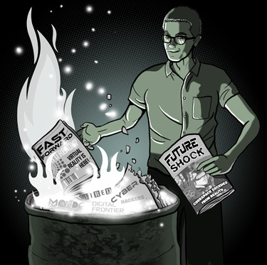 page 143: Peter burns his magazine collection in an oil drum. The covers read “FAST FORWARD,” “VIRTUAL REALITY IS HERE!,” “WIRED,” “CYBER,” “MONDO,” “HACKERS,” “DIGITAL FRONTIER,” and “FUTURE SHOCK — CYBERSPACE SECEDES FROM REALITY”