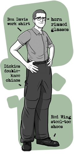 page 144: a labelled diagram of Peter’s new outfit. Labels: “horn rimmed glasses,” “Ben Davis work shirt,” “Dickies double-knee chinos,” “Red Wing steel-toe shoes”