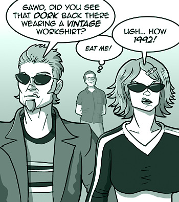 page 145: two sunglassed hipsters walk past Peter and sneer. Balloons: “GAWD, DID YOU SEE THAT DORK BACK THERE WEARING A VINTAGE WORKSHIRT?”; “UGH… HOW 1992!”; Peter’s thought balloon: “EAT ME!”