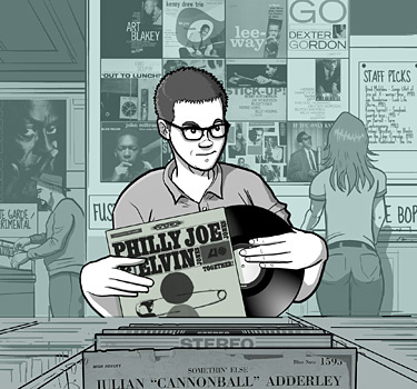 page 146: Peter flips through bins in a jazz record store, holding an LP. Sleeve and wall text: “PHILLY JOE & ELVIN — TOGETHER!,” “ART BLAKEY,” “kenny drew trio,” “lee-way,” “GO — DEXTER GORDON,” “OUT TO LUNCH,” “STICK-UP!,” “STAFF PICKS,” “STEREO,” “SOMETHIN’ ELSE — JULIAN ‘CANNONBALL’ ADDERLEY — Blue Note 1595,” and bin dividers marked “AVANT GARDE / EXPERIMENTAL,” “FUS[ION],” “[HAR]D BOP”