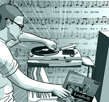 page 147: Peter lowers the needle on a portable record player, sheet music filling the background. The album sleeve reads “Classics in jazz — Leadbelly — Capitol”; the sheet music carries the lyric “…on my dreams… Last Saturday night I got married. Now me and my wife are parted, I’m gonna take a little… …goodnight, I[rene]…”