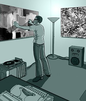 page 148: Peter hangs abstract-expressionist paintings in his sparsely furnished room, record player and typewriter nearby. No text in the image