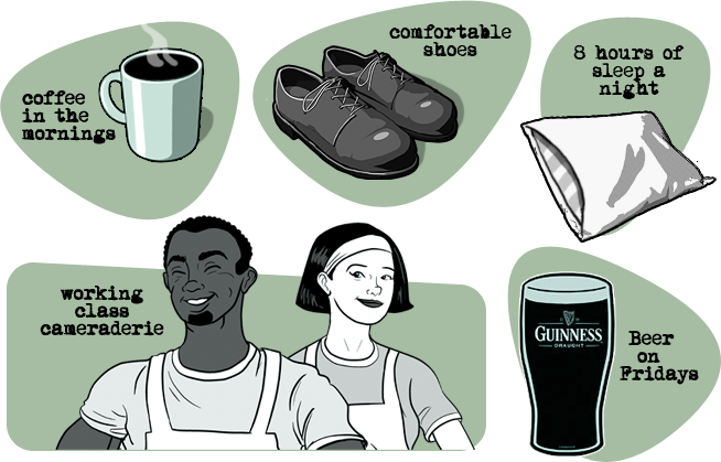 page 149: a grid of small pleasures with hand-lettered labels — “coffee in the mornings,” “comfortable shoes,” “8 hours of sleep a night,” “working class cameraderie,” “Beer on Fridays.” The beer glass is branded “GUINNESS DRAUGHT”