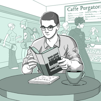 page 150: Peter reads at a café table over a cup of coffee. His book is “jean paul sartre — being and nothingness”; the menu board reads “Caffe Purgatorio — Coffee $1.00, Espresso $1.75, Cappuccino, Cafe Latte, Coffee mit Schlag, Cafe Mocha, Espresso Mocha, Chai”
