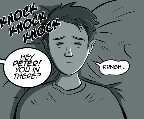 page 154: an older Peter lies awake in bed. Sound effect: “KNOCK KNOCK KNOCK”; balloon: “HEY PETER! YOU IN THERE?”; Peter: “RRNGH…”