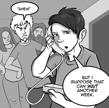 page 158: the housemates crowd closer behind him. Balloon: “*AHEM*”; Peter: “BUT I SUPPOSE THAT CAN WAIT ANOTHER WEEK.”