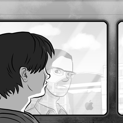 page 160: Peter’s reflection in the bus window overlaps a passing office building bearing the Apple logo. No text in the image