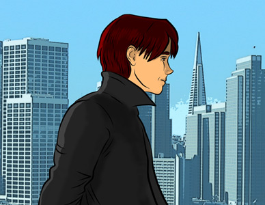 page 162: Peter in a dark coat looks out over the San Francisco skyline with the Transamerica Pyramid behind him. No text in the image