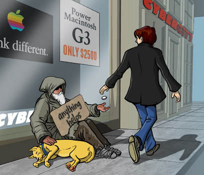 page 163: a passer-by drops a coin to a homeless man sitting outside a computer store. Signs read “[Thi]nk different.” beside the Apple logo, “Power Macintosh G3 — ONLY $2500,” and “CYBERCITY”; the man’s cardboard sign reads “anything helps”