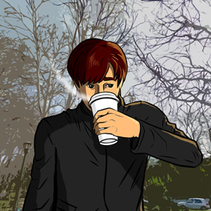 page 164: Peter sips coffee outdoors among bare winter trees. No text in the image