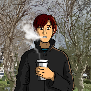 page 166: Peter stands in the cold with his coffee, breath steaming. No text in the image