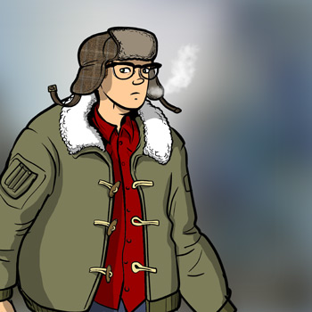 page 167: Peter in a fur-collared parka, ushanka hat and red shirt, smoking a pipe in the fog. No text in the image