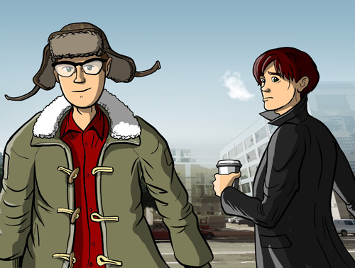 page 168: the parka-wearing Peter and the coffee-carrying Peter stand facing opposite ways on a city street. No text in the image